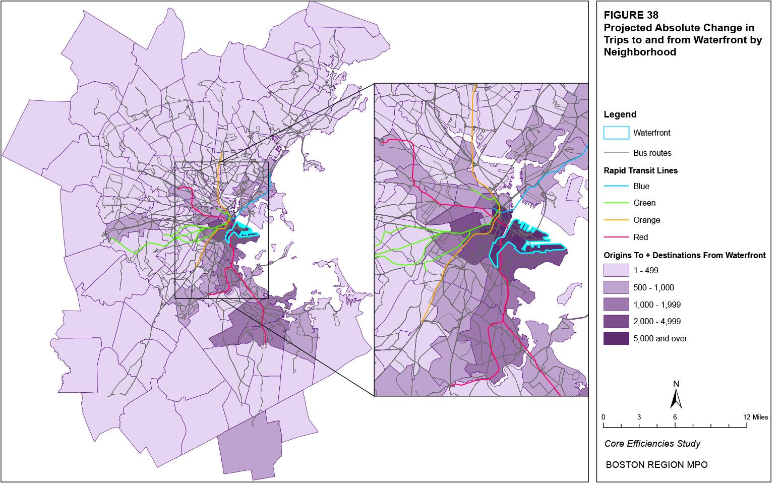 This map shows the projected absolute change in trips to and from the Waterfront neighborhood by neighborhood.